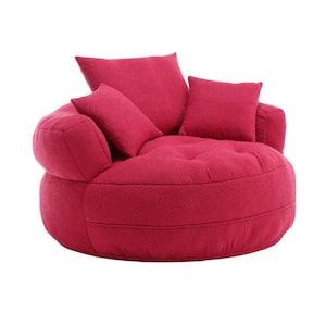 Modern Rose Red Chenille Swivel Upholstered Barrel Living Room Chair With Cushion and Pillows