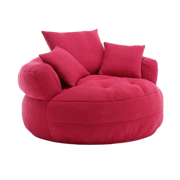 HOMEFUN Modern Rose Red Chenille Swivel Upholstered Barrel Living Room Chair With Cushion and Pillows
