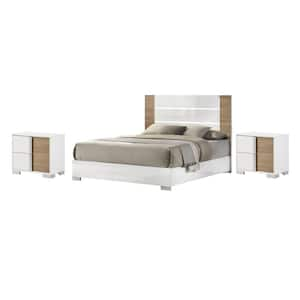 Ahndea 3-Piece Modern White and Natural Wood Queen Bedroom Set