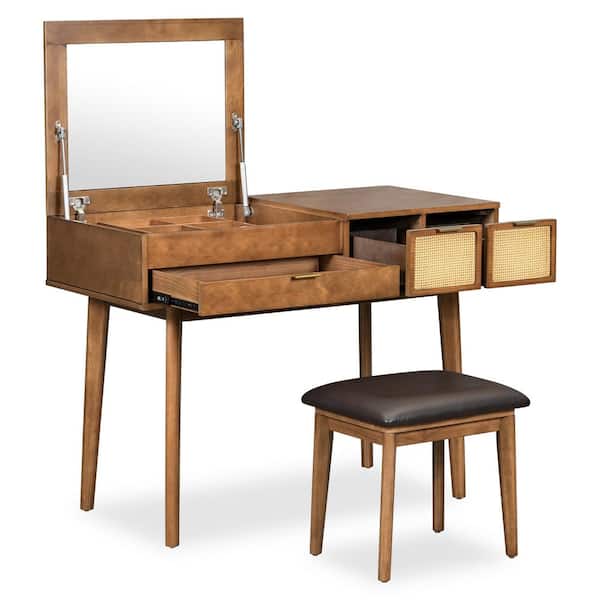 Unbranded 43.3 in. W x 19.7 in. D x 31.7 in. H Brown Wood Linen Cabinet with Makeup Vanity Set, Flip Mirror, 3 Drawers and Stool