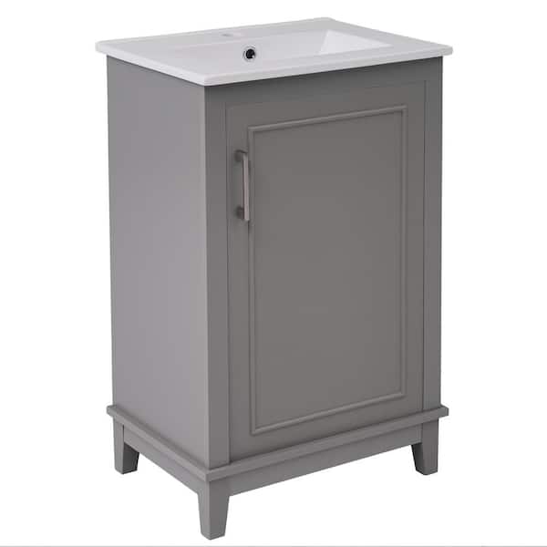 20 in. W x 15.5 in. D x 33.3 in. H Single Freestanding Bath Banity in Grey with White Ceramic Top and Soft-Close Door