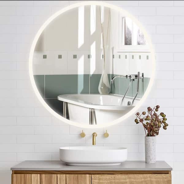 HBEZON 26 in. W x 26 in. H Medium Round Frameless Anti-Fog LED Light Wall Bathroom Vanity Mirror in White