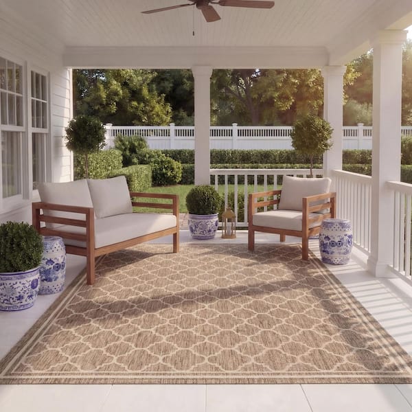 Courtyard Brown/Bone 8 ft. x 11 ft. Geometric Indoor/Outdoor Patio  Area Rug