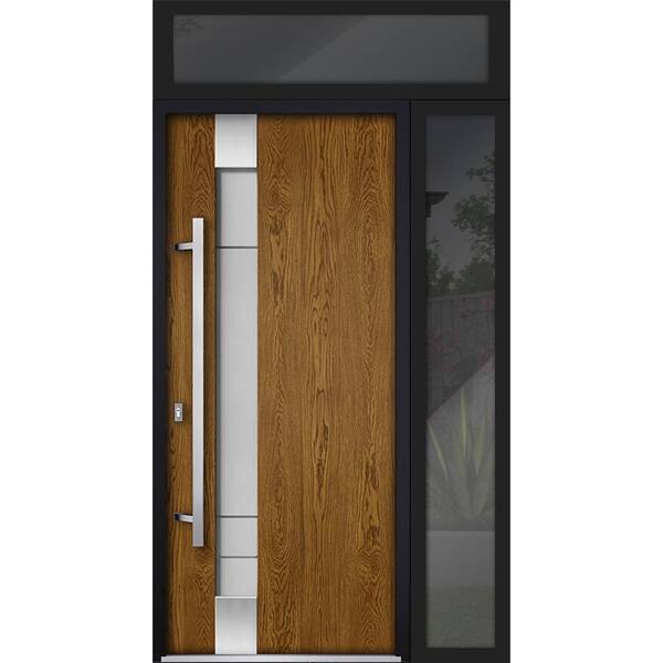 VDOMDOORS 50 in. x 96 in. Right-Hand/Inswing 2 Sidelights Frosted Glass Oak Steel Prehung Front Door with Hardware