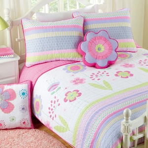 5-Piece Purple Pink Green White Floral Spring Polka Dot Stripe Flower Garden Cotton Reversible Quilt Bedding Set