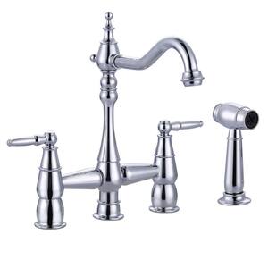 Deck Mounted 4-Hole Double Handle Bridge Kitchen Faucet Solid Brass with Side Sprayer in Polished Chrome