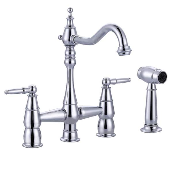 Deck Mounted 4-Hole Double Handle Bridge Kitchen Faucet Solid Brass with Side Sprayer in Polished Chrome