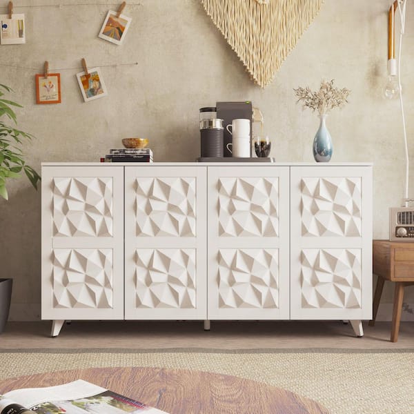 FUFU&GAGA White 33.5 in. H Accent Storage Cabinet with 4 Shelves, Sideboard Buffet Cabinet, Carved Doors