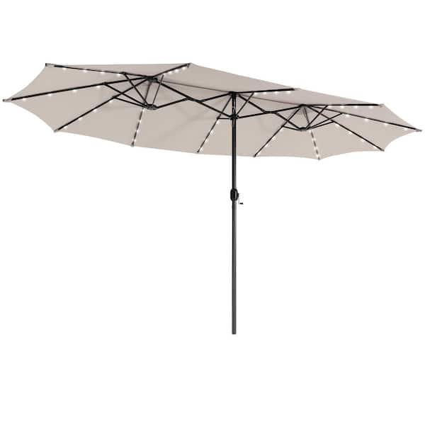 15 ft. Solar LED Patio Outdoor Double-Sided Market Umbrella with 48-Lights Crank in Beige