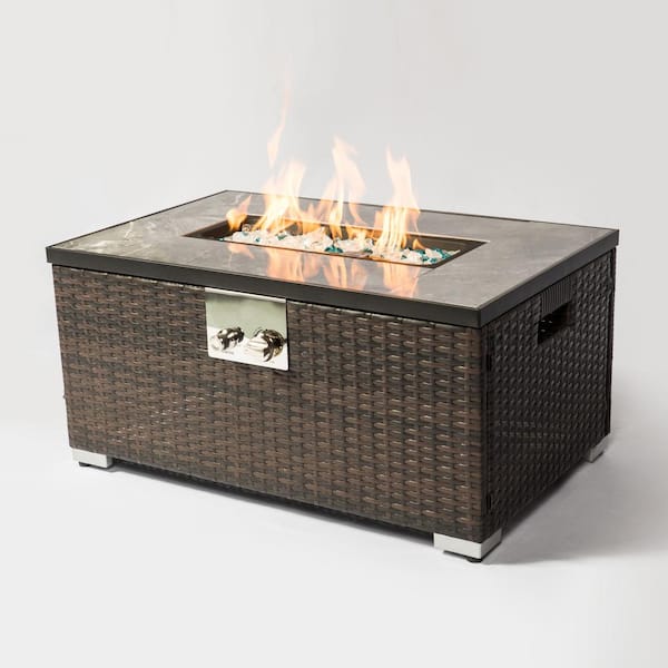 Unbranded Outdoor Fire Table Propane Fire Pit Rattan Gas Fire Table, Gas Fire Table with Tile Tabletop