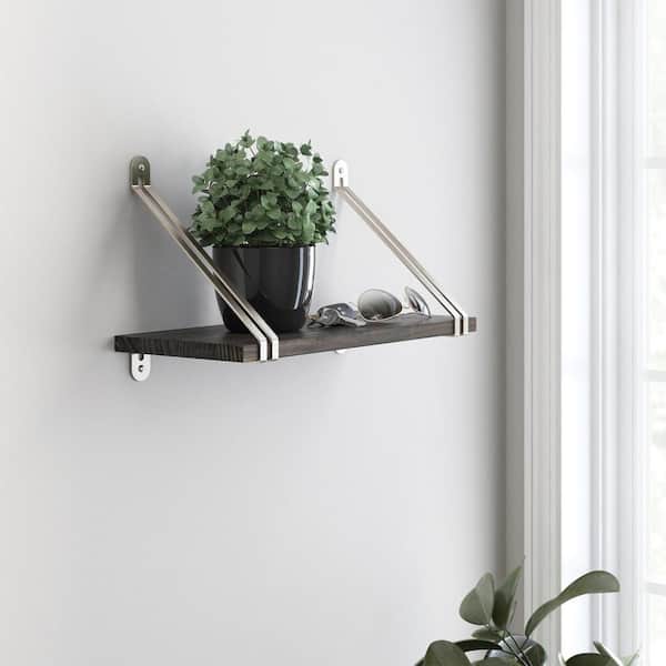 24 in. x 8 in. x 6 in. Dark Stained Solid Pine Decorative Wall Shelf with Nickel Modern Steel Brackets
