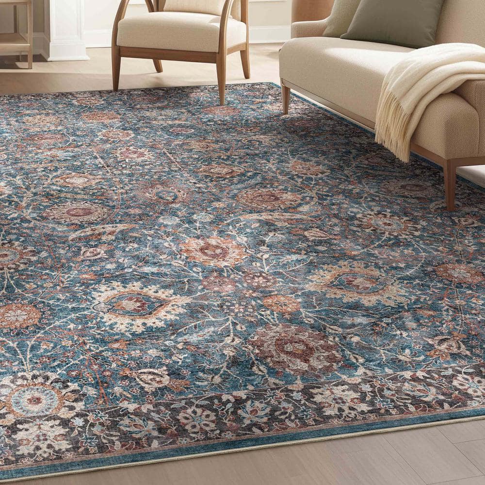 Teal Vintage Oriental Flat-Weave Washable Area Rug