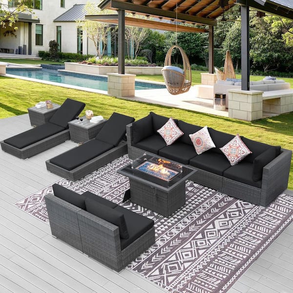 Unbranded 11-Pieces Wicker Outdoor Sectional Patio Furniture Conversation Sets with Fire Pit Table, Chaise Lounge, Black Cushions