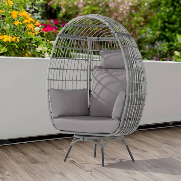BFB Oversized Patio Gray Wicker Swivel Egg Chair, Indoor Outdoor Rattan Egg Chair