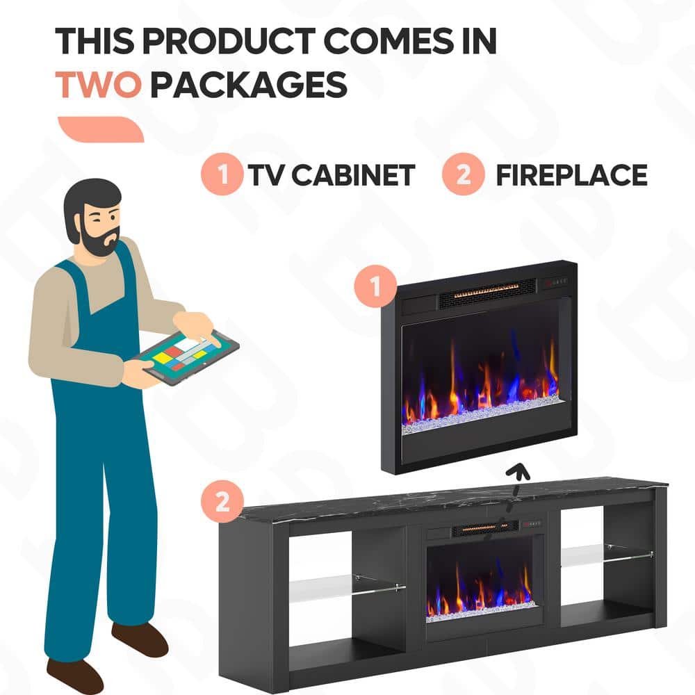 Black Modern Electric Fireplace TV Stand with LED Lights and Cabinet