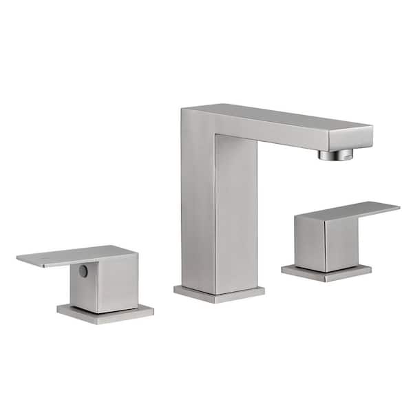 Deck Mount 8 in. Widespread 2-Handle Bathroom Faucet, Square 3-Hole Bathroom Sink Faucet in Brushed Nickel