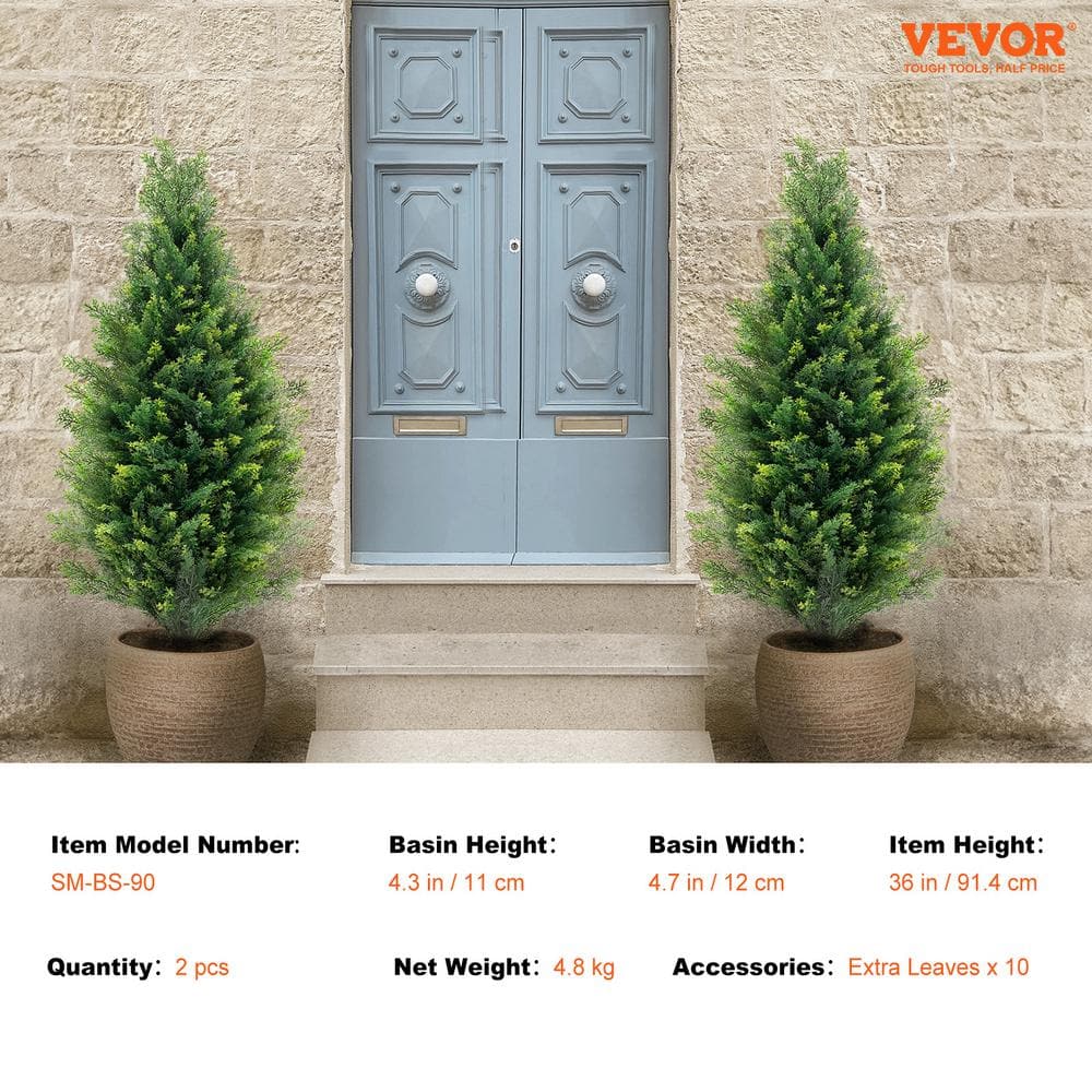 36'' Green Plastic Cypress Topiary Trees with Pots, Set of 2