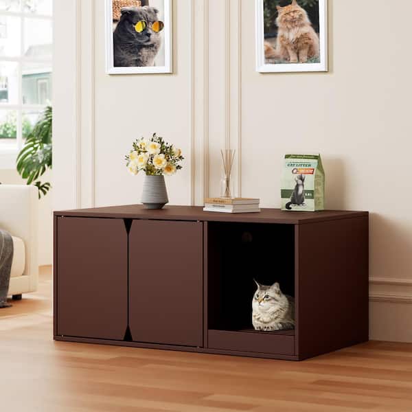 FUFU&GAGA Cat Litter Box Enclosure Cabinet, Modern Wood Large Stackable Cat Washroom Storage Cabinet with Litter Catch Box, Brown