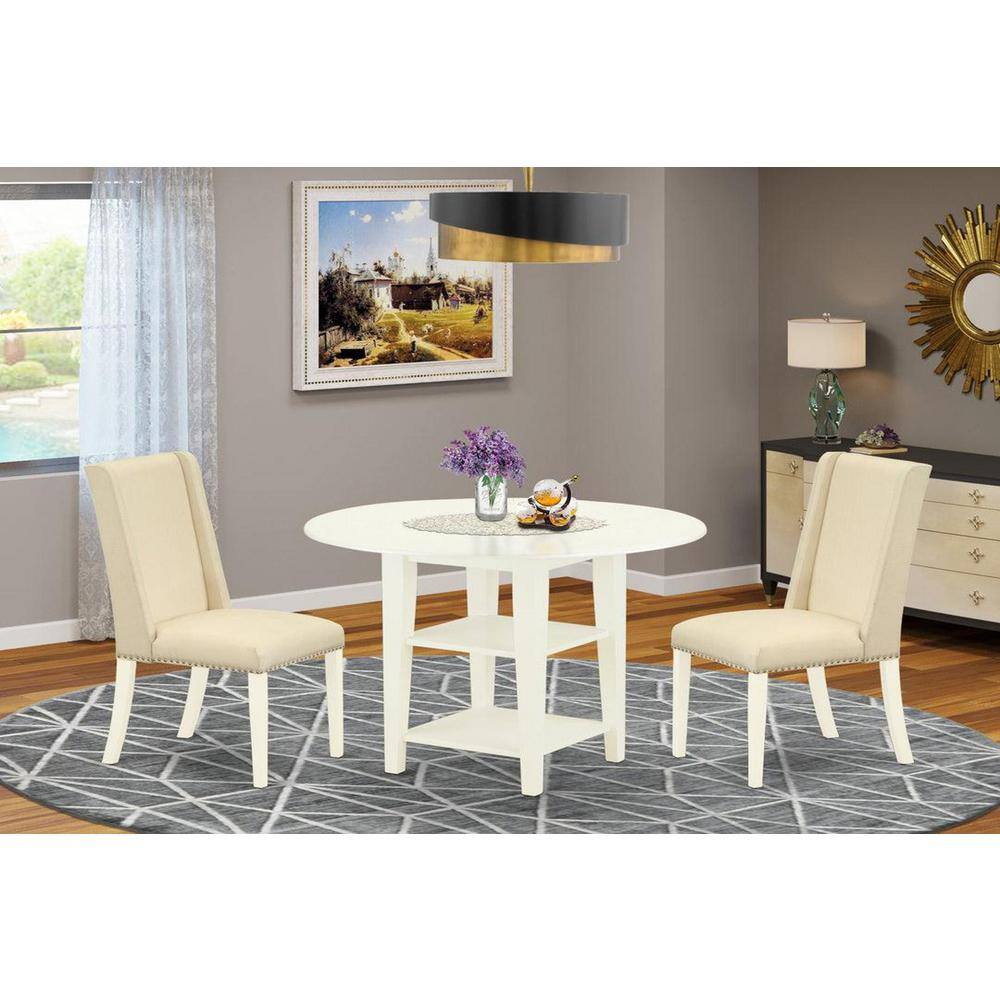 3-Piece Linen White Finish Round Solid Wood Top Dining Table Set