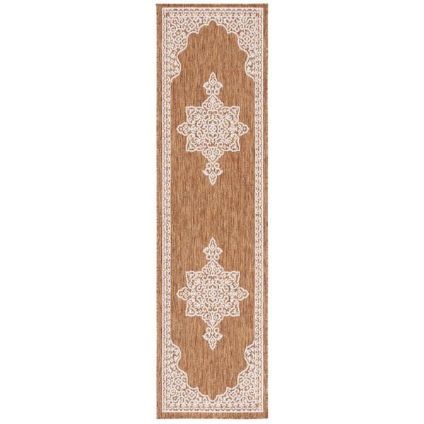 Beach House Brown/Ivory 2 ft. x 10 ft. Border Ornate Medallion Indoor/Outdoor Runner Rug