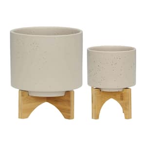 Beige Ceramic Cachepot Planters with Wood Stands (2-Pack)