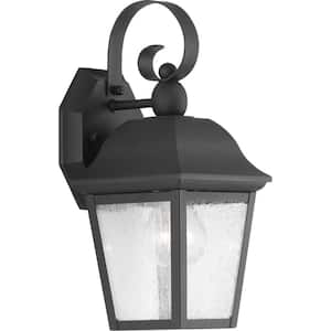 Kiawah Collection 1-Light Textured Black Clear Seeded Glass Farmhouse Outdoor Small Wall Lantern Light