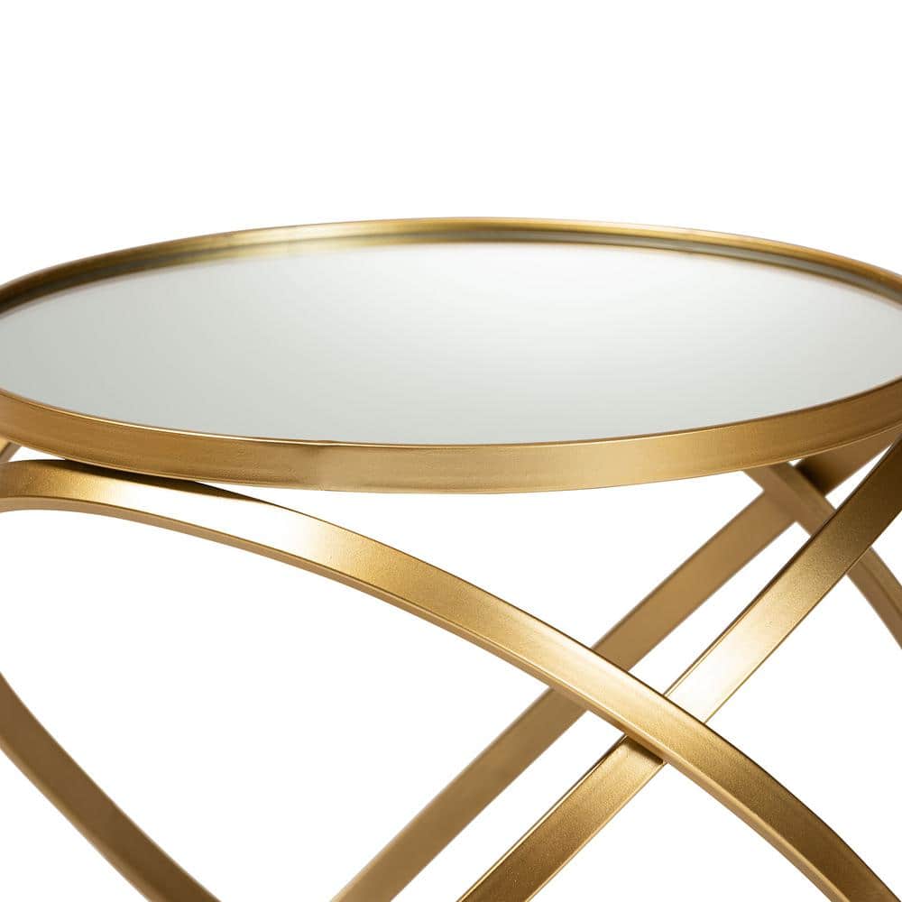 Gold Finished Metal and Mirrored Glass Round End Table