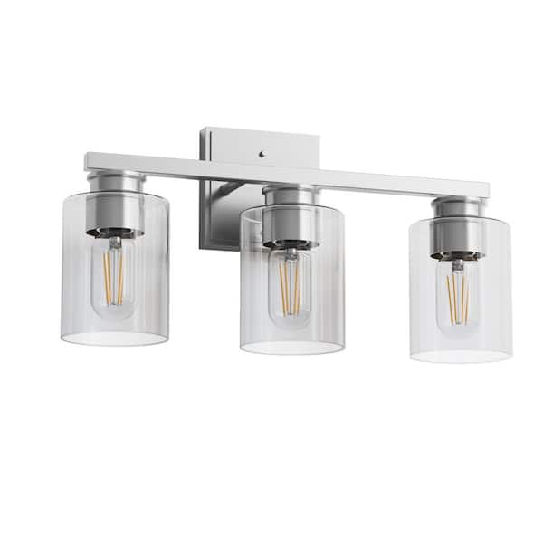 Briignite 18 in. 3-Light Brushed Nickel Vanity Light with Cylinder Clear Glass Shades for Powder Room or Dressing Room