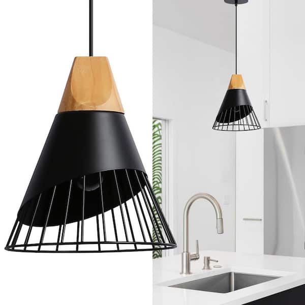 45 in. 1-Light Badminton Dome Pendant Table Lamp with Black Cage Shade, Industrial Adjustable Height Wood Chandelier