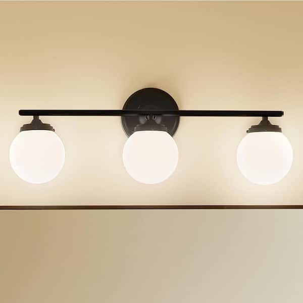 Wynton 24 in. 3-Light Black Mid-Century Modern Bathroom Vanity Light with Satin Etched Cased Opal Glass