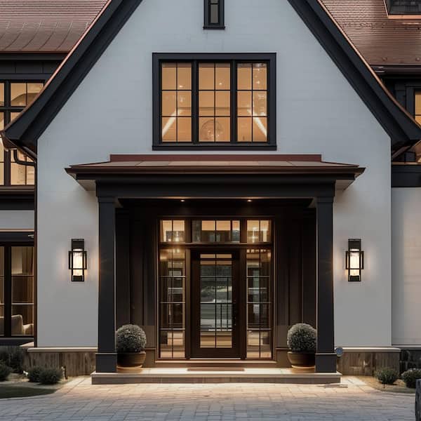 1-Light Textured Black Outdoor Wall Lantern Sconce with Water Glass and T10 Bulb Hardwired Exterior Light with Photocell