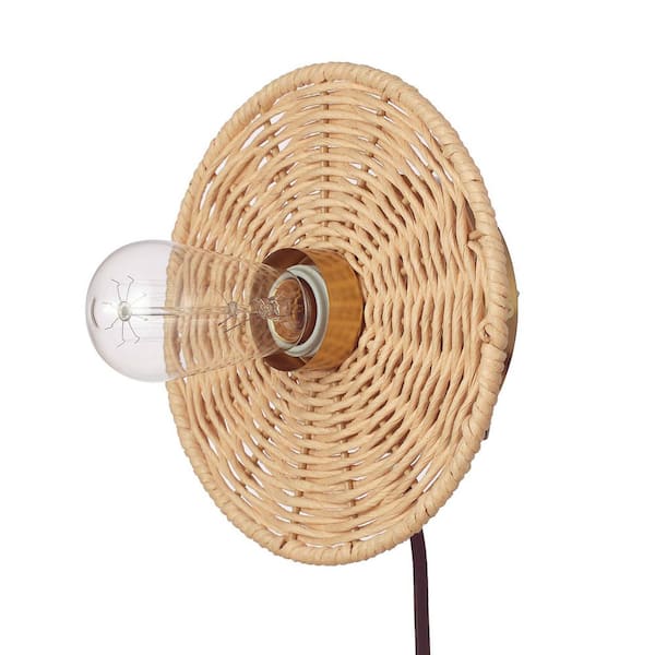 Globe Electric 1-Light Matte Brass Plug-In or Hardwire Wall Sconce with Faux Rattan Backplate, In-Line On/Off Rocker Switch