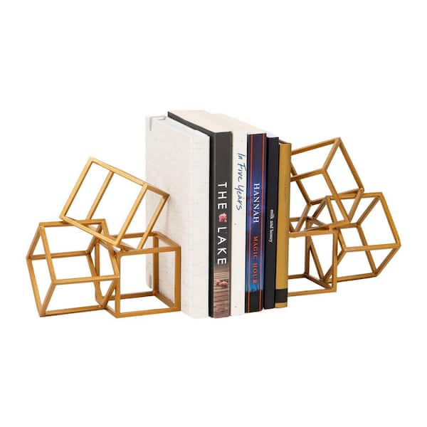 Gold Decorative Geometric Cube Bookends Metal Office Decor Set of 2