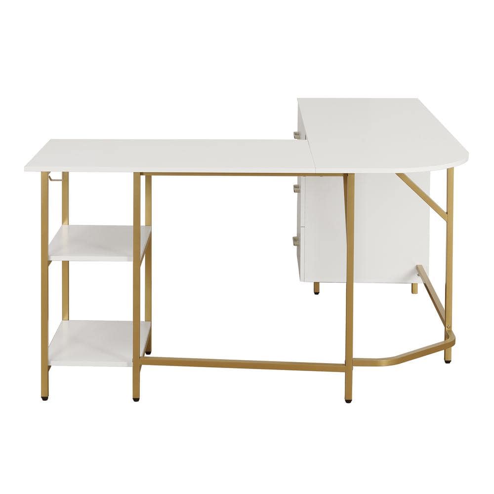 Gold and White L-Shaped Computer Desk with Drawers