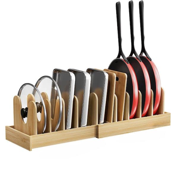 Bamboo Expandable Pot and Pan Organizer Rack with 10 Adjustable Dividers for Cabinet, Lid, Tray Storage
