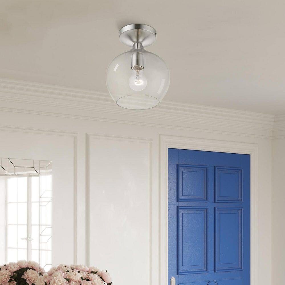 Brushed Nickel 1-Light Semi-Flush Mount with Clear Glass Shade