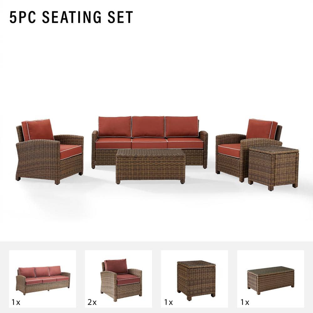 Bradenton 5-Piece Weathered Brown Wicker Outdoor Sofa Set with Sangria Cushions