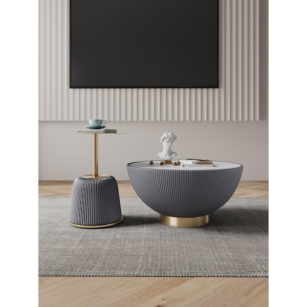 Manhattan Comfort Anderson 28.15 in. Grey Round Leatherette Upholstered Faux Marble Coffee Table with 15.75 in. End Table