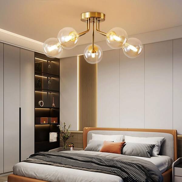 OUKANING 23.6 in. 5-Light Modern Gold Semi-Flush Mount Ceiling