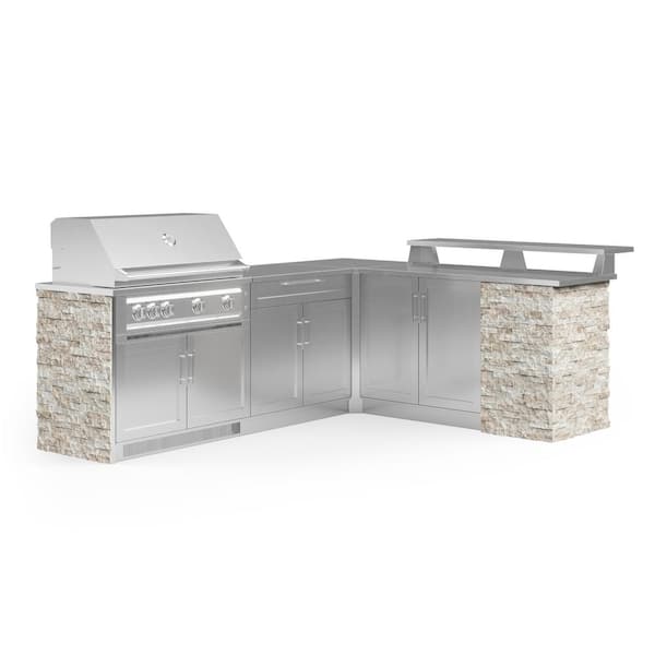 NewAge Products Signature Series Stainless Steel 8-Piece L Shape Outdoor Kitchen Cabinet Set with Natural Gas Platinum 40 in. Grill