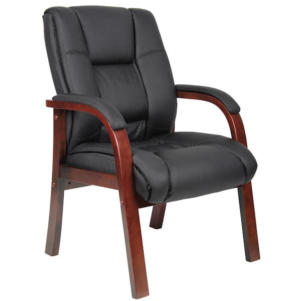 BOSS Office Products Black Caresoft Viny Guest Chair Cherry Wood Finsh and Padded Arms