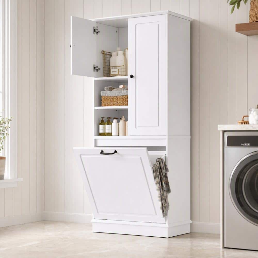 29.9 in.W x 14.2 in.D x 67.7 in.H White MDF Bathroom Linen Cabinet with Adjustable Shelves and Flip-Out Basket