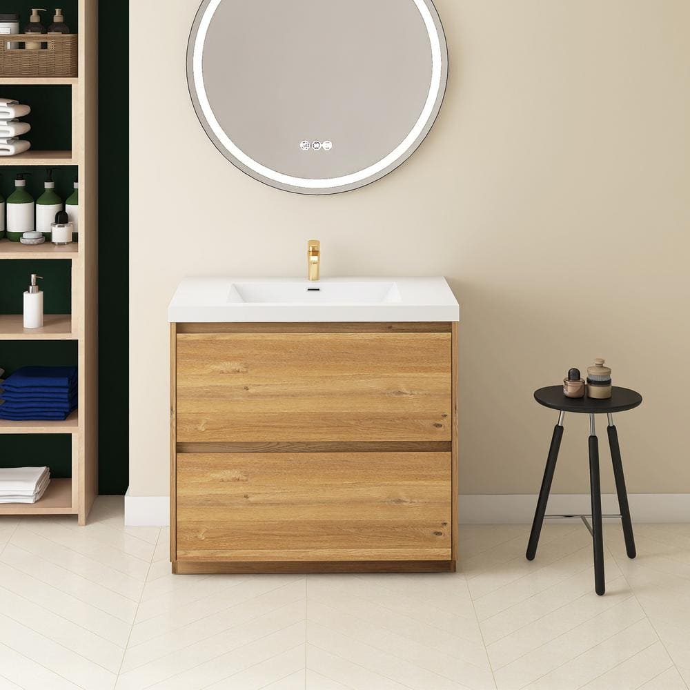 36 in. Wall-Mounted Natural Oak Bath Vanity with Gloss white Cultured Marbl