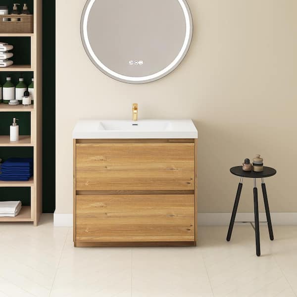 Unbranded 36 in. Wall-Mounted Natural Oak Bath Vanity with Gloss white Cultured Marble Top Assembled