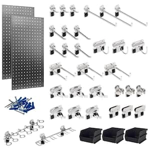 (2) 18 in. W x 36 in. H Stainless Steel Pegboards with 32-piece Stainless LocHook Assortment and 3-Plastic Hanging Bins