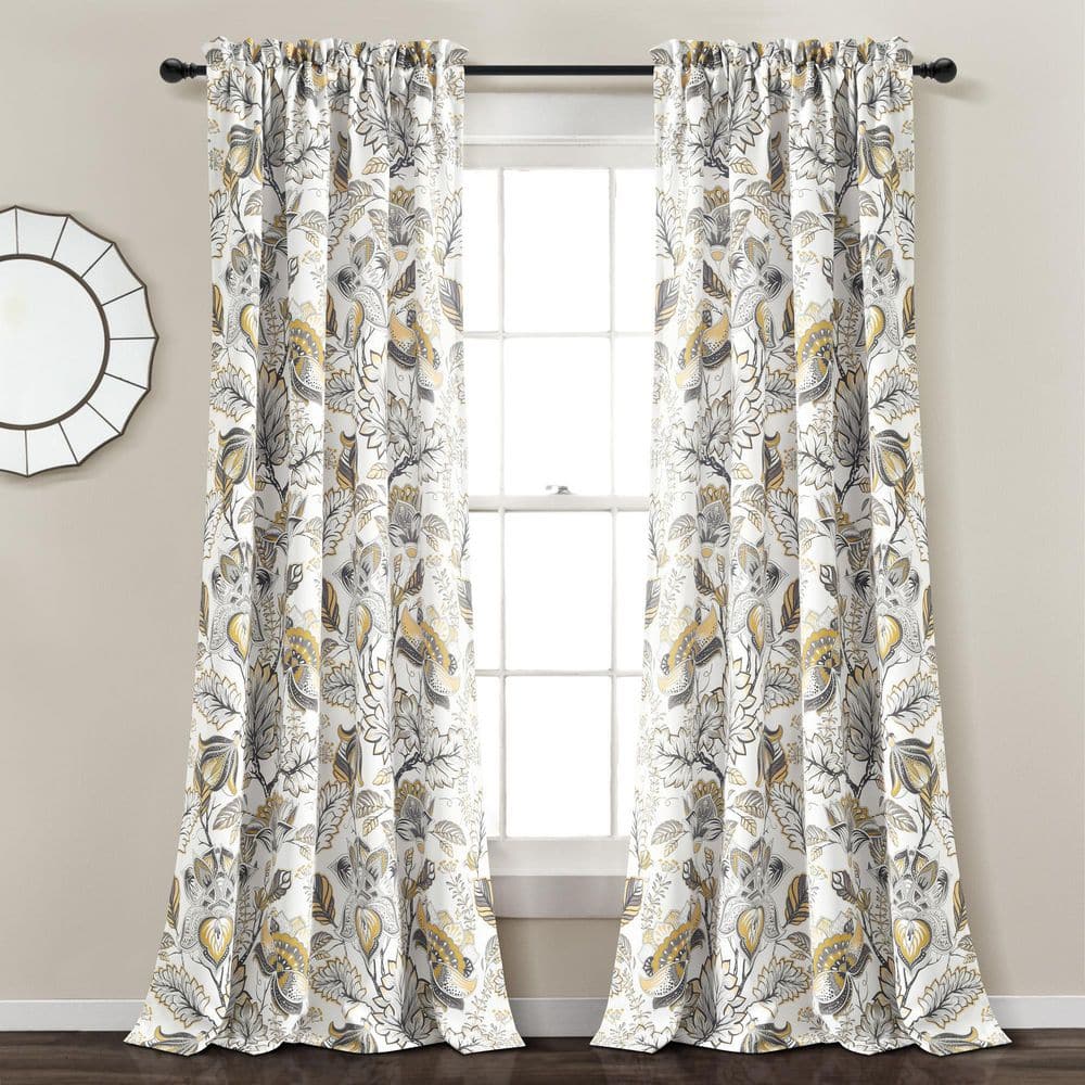 Cynthia Jacobean Yellow and Gray Floral Polyester Blackout Curtains