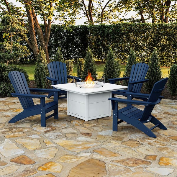 Grant Park Navy/White 5-Piece HDPE Plastic Outdoor Adirondack Chair Patio Fire Pit Chat Set