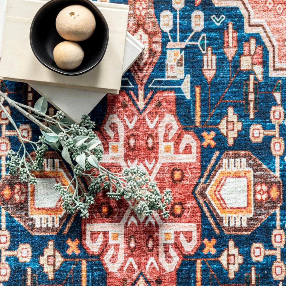 Blue and Beige Medallion Washable Synthetic Area Rug
