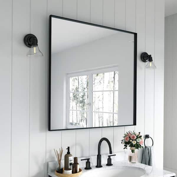 TOOLKISS 36 in. W x 36 in. H Rectangular Aluminum Framed Wall Bathroom Vanity Mirror in Black
