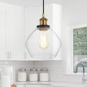 Mateo 1-Light Black and Antique Brass Mini Pendant Light with Clear Glass Shade